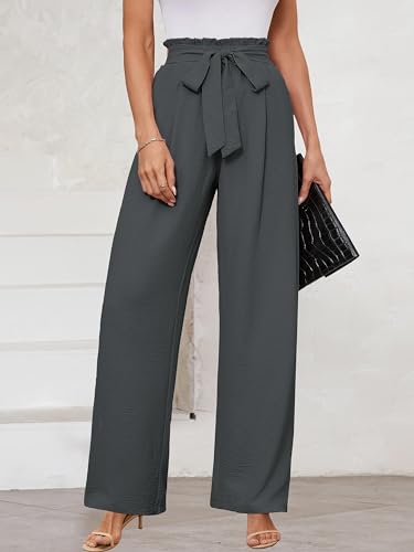 KORSIS Women's Lounge Pants Wide Leg Trousers Gray Small Lightweight High Waisted Loose Casual Work Elastic Pants with Pockets — view 2