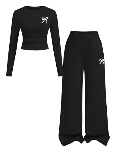 Image of Tween Girls Clothes Long Sleeve Bow Knot Print Top + Wide Leg Pants 2 Piece Outfit Set, Size 7-16 Years