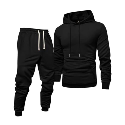 Mens Sweatsuits Drawstring Waist Ribbed Cuffs Casual Fleece Sweatsuits Hoodies and Sweatpants Sets with Pockets Active Streetwear Conjuntos Deportivos Para Hombre Black XXL