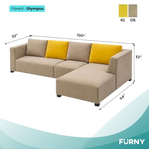 Image of FURNY Olympus 6 Seater RHS L Shape Sofa Set | Plush Velvet Suede Fabric | Modern Design | Soft Comfort Dual Color Cushions for Living Room, Office & Hotels (Beige-Yellow)