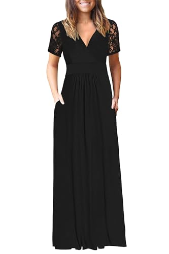 Image of AUSELILY Maxi Dresses for Women Summer Lace Short Sleeve V Neck Wrap Dress | Lace Short Sleeve, Two Pockets, V-Neck Wrap Waist Long Dress