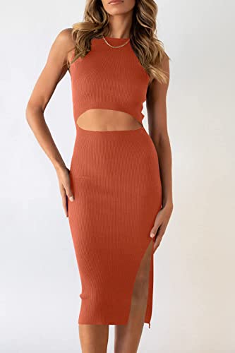 Image of PRETTYGARDEN Women's Summer Midi Bodycon Dresses Casual Crew Neck Side Slit Sleeveless Knit Cut Out Tank Top Dress