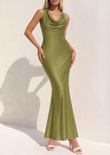 Image of KIRUNDO Womens Cowl Neck Sleeveless Bodycon Satin Maxi Dress | Formal Silk Long Dresses, Mermaid Hem, 2026 Summer Elegant Wedding Guest Cocktail Party Fall Outfits
