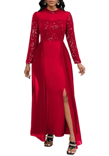 VERWIN Women's Bodycon Sequins Dress Mesh Chiffon Shoulder Maxi Dress Side Slit Patchwork Overlay Dress L Red