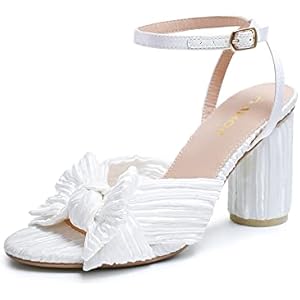 Amoji Women's Satin Block Heeled 3 Inch-4 Inch Sandal Bowknot Pleated Ankle Strap for Wedding Party Dress Shoes 302 7 Satin-white