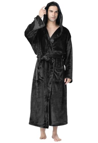 Albornoz Ducha Albornoz De Forro Polar Ultra Acogedor For Hombre Con Capucha De Felpa Y 2 Bolsillos Albornoz Absorbente(Black,3XL)