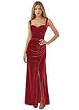 HYEC7 Spaghetti Strap Velvet Bridesmaid Dresses Mermaid Maxi Formal Evening Dress with Slit Wine Red