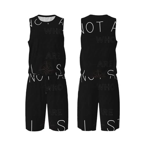 Salelf Not All Who Wander Design for Men’s Basketball Jersey Shorts Set Mesh Moisture Wicking Breathable Black