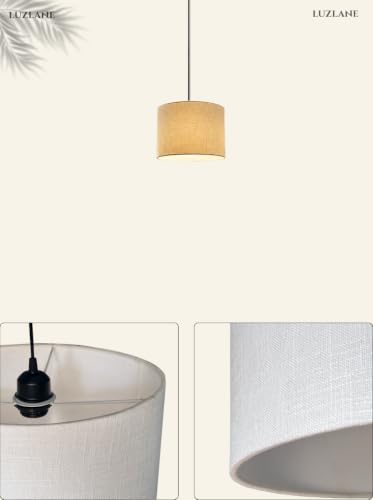 Image of Pendant Lamp 8 Inch Drum Linen Fabric Hanging Light for Ceiling, Beige Color, | Lampshade Hanging Light for Living Room, Bedroom, Cafe & Home Decoration