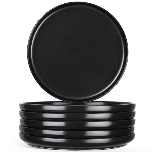 Image of E-far 8 inch Ceramic Salad Plates Set of 6, Stoneware Dishes Dessert Plate for Home Kitchen Restaurant, Microwave & Dishwasher Safe - Matte Black
