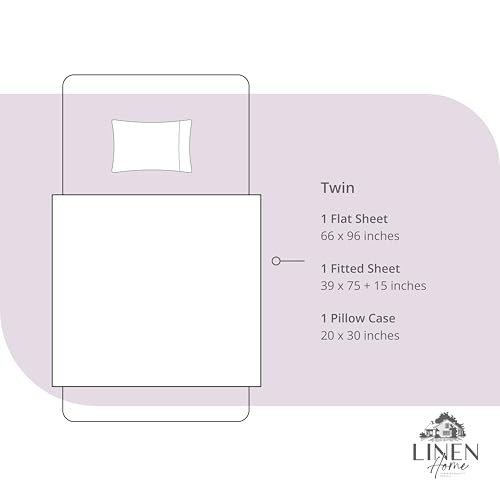 Image of Linen Home 100% Cotton Percale Sheets Twin Size, Iris Lilac, Deep Pocket, 3 Pieces Set- 1 Flat, 1 Fitted and 1 Pillowcase, Crisp Cool and Long Staple Strong Bed Linen
