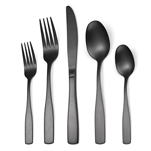 RIS LAN 32-Piece Silverware Set with Stent, Stainless Steel Flatware Cutlery Set for 8 Utensil Sets with Knives Spoons Forks, Matte Style Dishwasher Safe for Home Party (Black, 32) Black 32p