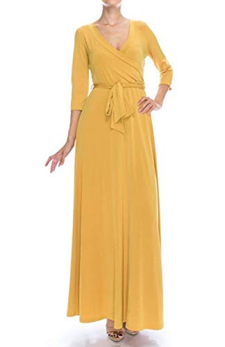 Image of Women's 3 /4 Sleeve Deep V-Neck Maxi Faux Wrap Solid Plus Size Dress