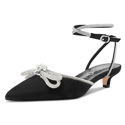NobleOnly Rhinestone Bow Heels for Women Closed Pointed Toe Low Kitten Heel Pumps Adjustable Ankle Strap Wedding Bridal Dress Shoes 1.4 Inches Heels