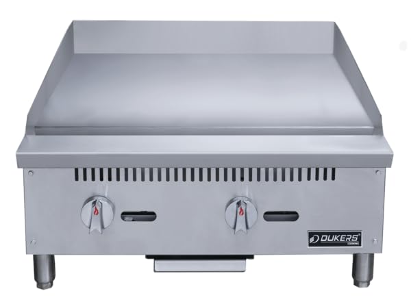 Dukers DCGM24 24 in. W Commercial Countertop Gas Griddle, 2 Burner, NG/LPG (Natural Gas/Liquid Propane) 60,000 BTU 3/4 Plate with Manual Controls