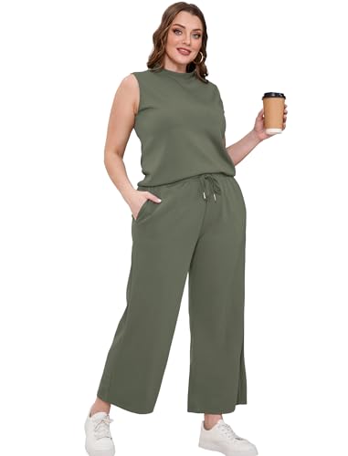 Image of SAMPEEL Two Piece Sets for Women Summer Outfits Lounge Sets Mock Neck Tops Wide Leg Crop Pants Vacation Travel Outfits