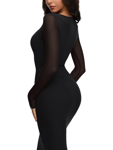 REORIA Women\'s Fall Mesh Sheer Long Sleeve Wedding Guest Dress Sexy Floral Bodycon Maxi Long Dresses Black Onyx X-Small