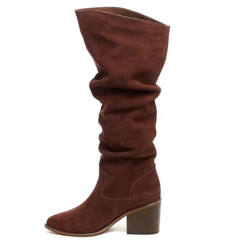 Knee High Boots Women Pointed Toe Chunky Block Heels Kitten Heel Tall Boots Comfortable Pull On Slouch Suede Long Boots4
