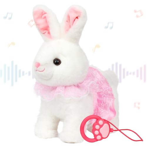 Hopearl Hopping Bunny Interactive Electronic Rabbit Toy Remote Control Leash Animated Pet Repeat What You Said Singing Gifts for Toddlers, White, 12''