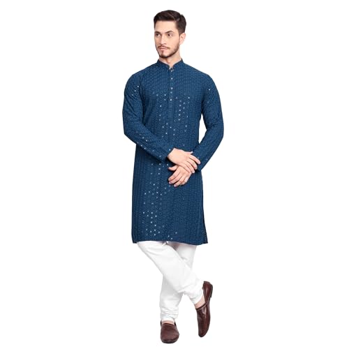 Image of Rayon Ethnic Wear Full Chikankari Sequin Embroidery Mirror Work Traditional Straight Kurta Pyjama Set for Men