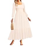 Holipick Long Sleeve Maxi Dress Women Beige Cream Smocked Square Neck Puff Sleeve Modest Flowy Tiered Casual Dresses