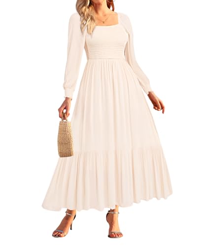 Holipick Long Sleeve Maxi Dress Women Beige Cream Smocked Square Neck Puff Sleeve Modest Flowy Tiered Casual Dresses at Amazon Women's Clothing store