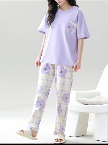Image of Womens Night Dress Pajama Set Soft Stretchable Spandex Nightwear Night Suit Ladies Loungewear Sleepwear Two Piece Top and Pyjama Set for Women