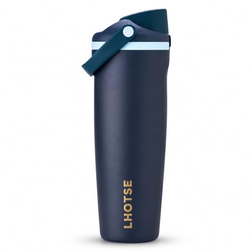 Image of LHOTSE Gym Water Bottle 30oz - Leak Proof Lock Lid, Matte Metallic Finish, Carry Handle, Durable Stainless Steel, Perfect for Workout & Sports (Midnight Blue, 900 ML)