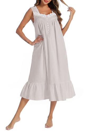 Image of AVIIER 100% Cotton Nightgowns for Women Sleeveless Sleep Dress Ladies Gowns Sleepwear with Pockets