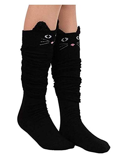 Womens Knee High Socks, womens socks, PXH Ladies Cat Catoon Cute Novelty Long Socks Over Knee High Sock. Black 58cm/22.83"