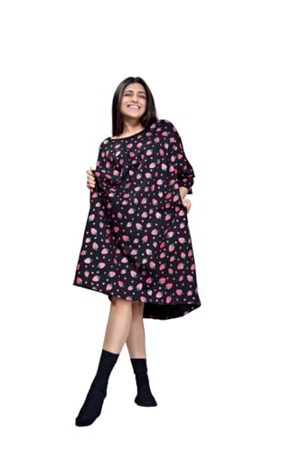 Image of LAMA STORE Women's Printed Oversized T-Shirt Dress, Cotton, 3 /4 Sleeve Length, Casual Loose Fit, Comfort Wear Extra Comfy Oversized Printed Pocket T-Shirt Dress