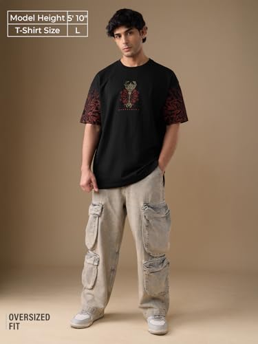 Image of The Souled Store Freedom: Brahmastra Men and Boys Short Sleeves Round Neck Black Graphic Printed and Embroidered Casualwear Cotton Oversized T-Shirt
