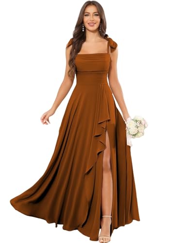 Square Neck Bridesmaid Dresses for Wedding with Slit Long Spaghetti Straps A-Line Chiffon Evening Formal Dresses