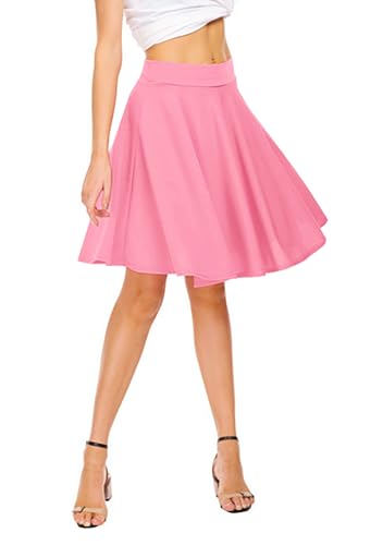 Image of EXCHIC Women's Casual Stretchy Flared Mini Skater Skirt Basic A-Line Pleated Midi Skirt