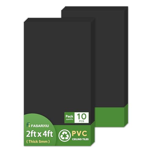 Fasarxiu 10 Pack Black Smooth Drop Ceiling Tiles Waterproof High-Grade PVC Ceiling Tiles 2ft x4ft Fire-Rated - Easy Drop-in Installation - Cover 80 Sq.ft
