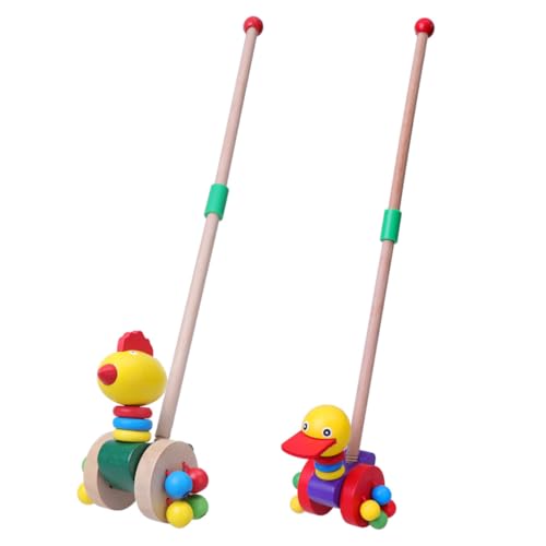 CLISPEED 2piezas Juguetes Trolley para Niño Niña Andador Infantil De Madera Desmontable con Mango y Diseño De Pato y Gallina para Desarrollo Temprano