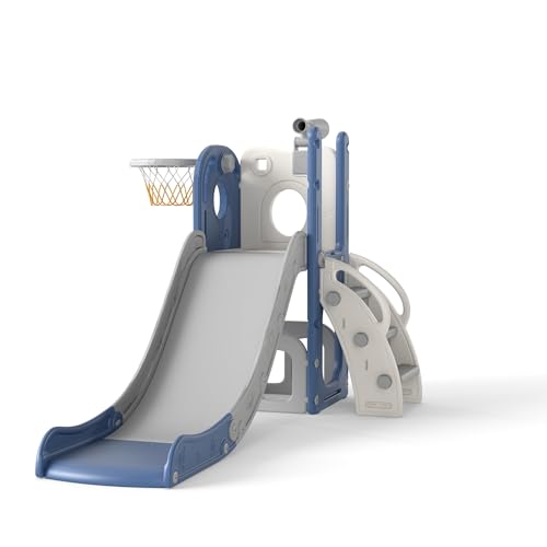 Kinsuite 6-in-1 Kids Slide for Toddlers 1-3 - Toddler Climbing Toys Indoor, Toddler Slide with Basketball Hoop,Telescope & Storage Space, Indoor Outdoor Playground (Blue)