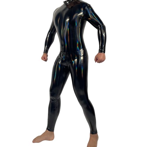 Ohyesbae Herren Laser bunte Wet Look,Overall Sexy Enger mit Reißverschluss,glänzende Pu Leder Bodysuit, Männer SM Bodysuit Leggins Einteile Unterwäsche für Konditionierende Hundesklaven (B, XXL)