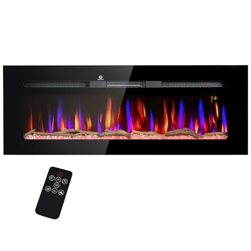 HOMCOM 50' Electric Fireplace Recessed and Wall Mounted with Remote Control, 1500W Fireplace Heater with 8H Timer, Adjustable Flame Color and Brightness, Log and Crystal