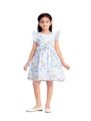 Robe décontractée en coton bleu haut de gamme fille imprimé papillon Aarika