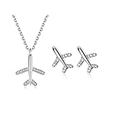 Cute Airplane Pendant Neckalce & Earrings Set Cubic Zirconia Plane Aircraft Airline Jewelry for Women
