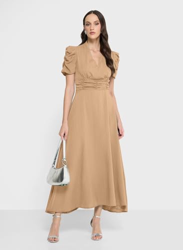 Image of Sugathari Women Women's V-Neck Maxi Dress, A-Line Style, Puff Sleeves, Cinched Waist 246