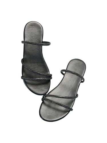 GORGLITTER Women's Rhinestone Strappy Sandals Dress Open Toe Flat Slip on Slide Sandal