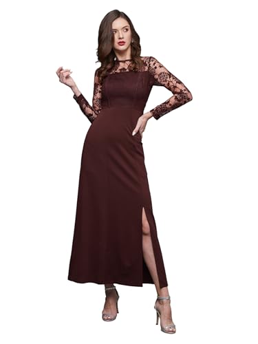 Image of Miss Chase Womens Bodycon Square Puff Sleeve Solid Lace Overlaid Ankle Length Dress