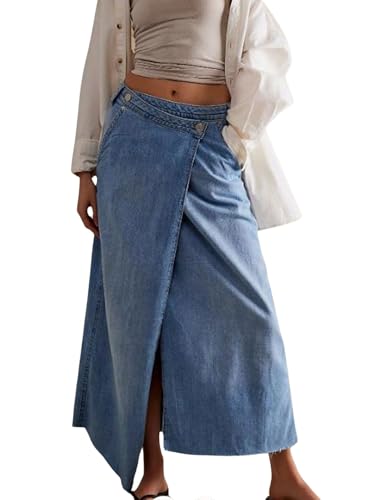 utcoco Womens Long Maxi Denim Skirts Low Rise A Line Jean Skirt Asymmetrical with Pockets