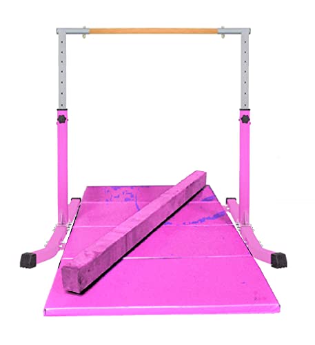 5 Ft Horizontal Bar Adjustable Kip Bars Pink Gymnastics Gymnastics Bar + 6 Ft x 4 Ft Tri-Fold Large Mat + 8 Ft Balance Beam, for Kids, Home, Girls, Monkey Beam, Balance Set Adjustable