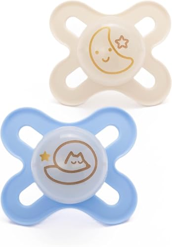 MAM Original Start Night Soothers | 0-2 Months | 2 Pack | Newborn Dummies | Glow in The Dark | Comes in Dummy Steriliser Box | Sustainable Materials | Blue (Designs May Vary)