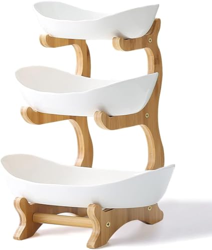 Image of 3 Tier PLASTIC Fruit Bowl With Bamboo Wood Stand for Kitchen Counter,Porcelain Fruit Basket for Vegetable Storage,Snack Dessert Cake Tray Plate Rack for Party Wedding - White