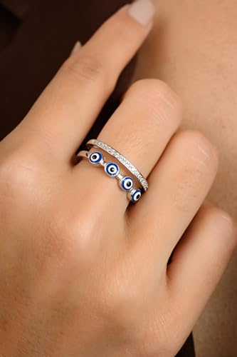 Image of American Diamond Evil Eye Open Ring for Women, Adjustable Blue Double Band Ring, Gift for Her