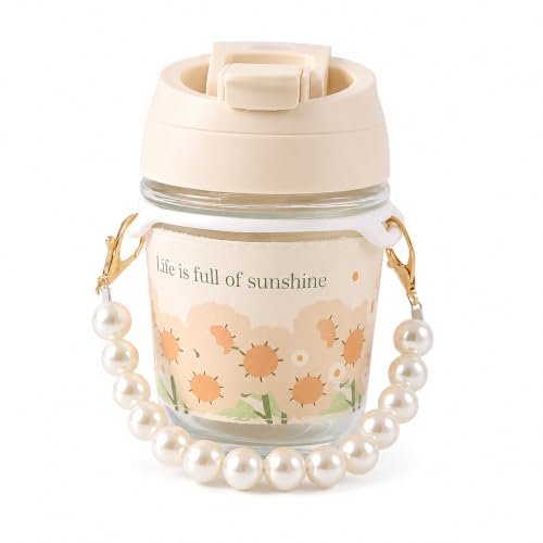 Image of Glass Tumbler with Lid & Pearl Handle - 350ml, Set of 1, Cute Floral Printed Coffee Mug, Portable Leakproof Drinking Cup for Water, Juice, Iced Coffee, Milk Tea, Travel & Office Use